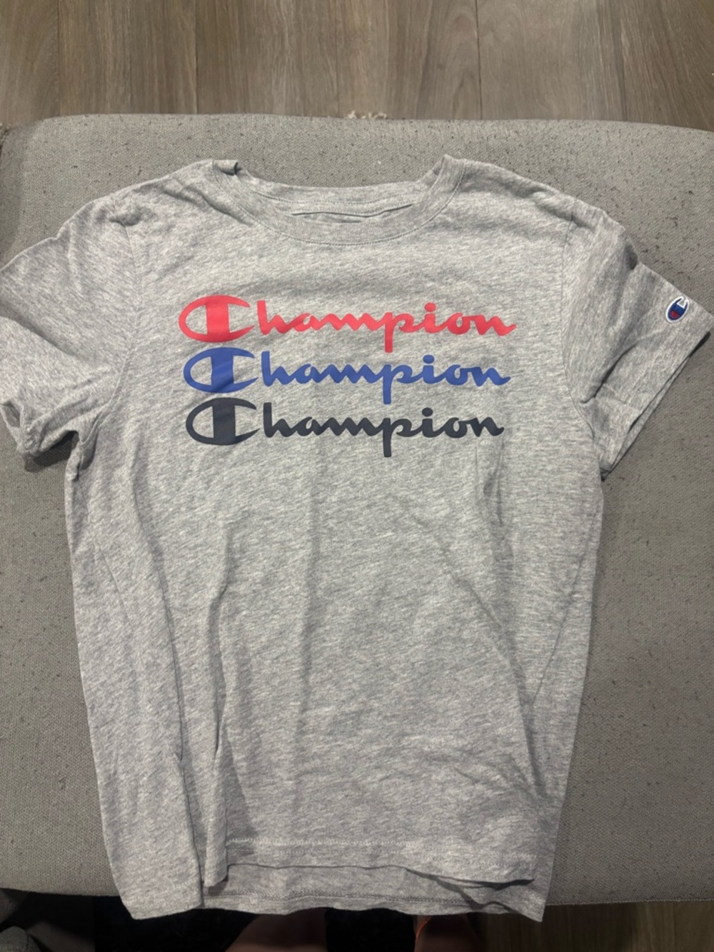Champion Heather Grey Tee with Red, Blue & Black Logos